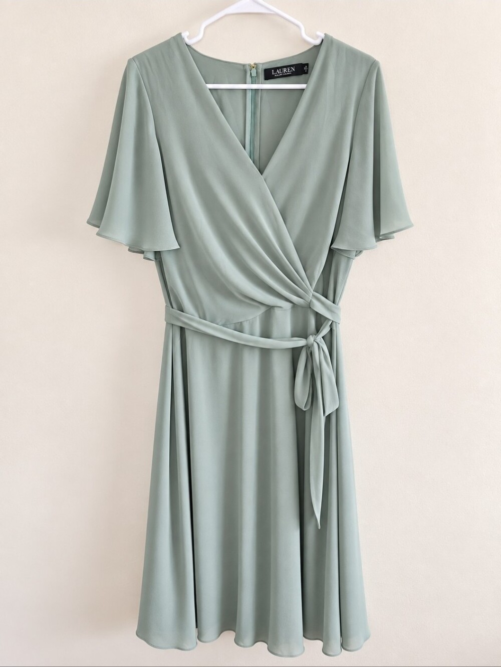 Lauren Ralph Lauren Dress Women's 16 Sage Green Wrap Flutter Sleeve Midi Classic